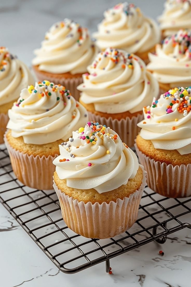 vanilla cupcakes with sweet buttercream frosting